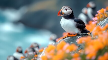 Fototapeta premium A puffin perched among vibrant flowers by the sea.