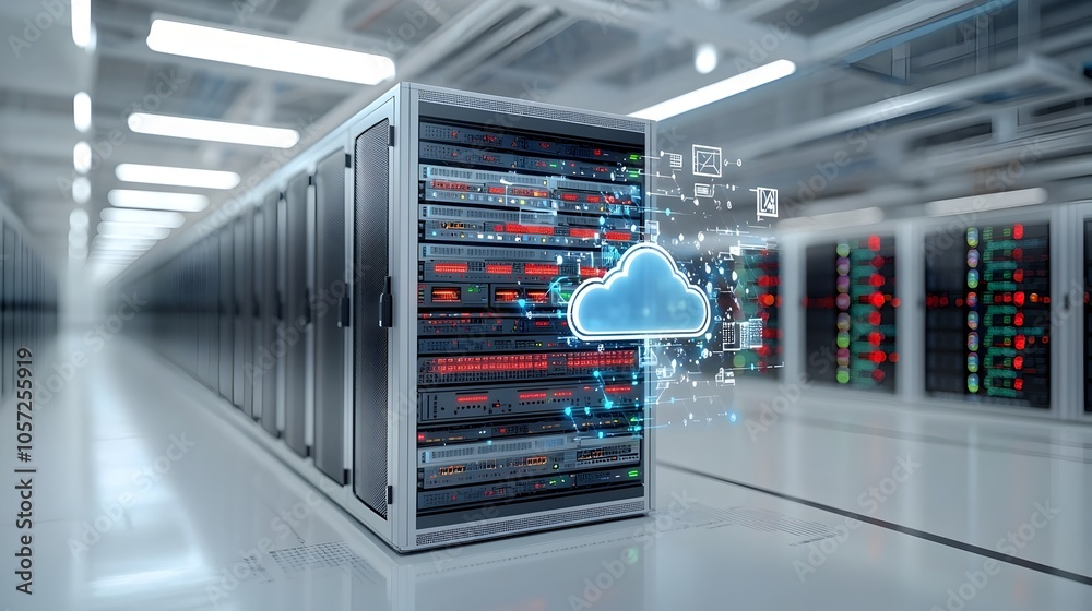 Poster Dual color server racks connected and integrated with cloud infrastructure
