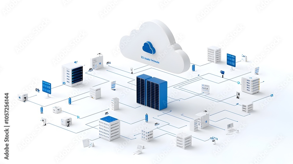 Poster Innovative Two Tone Cloud and Interconnected Server Network Icon Representing Advanced Hosting and IT Infrastructure Services