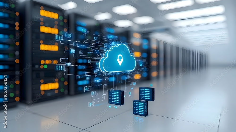 Fototapete Secure Two Color Cloud Network with Encrypted Data and Server Nodes Depicting a Technological Concept of Secure Data Storage and Communication