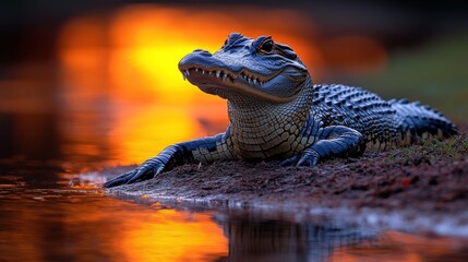 A crocodile resting by the water at sunset.
