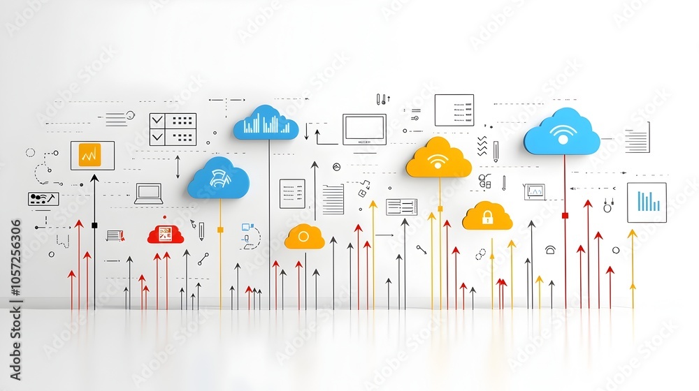 Poster Minimalist and Stylized of a Cloud Computing Network System with Servers Connected by Contrasting Color Arrows Representing the Flow of Digital Data and Information
