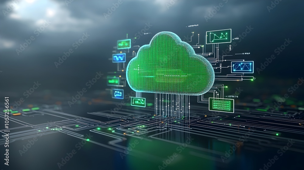 Poster Two Tone Cloud Symbol with Interconnected Data Pathways Showcasing Hosting and Cloud Connectivity Solutions for Modern Digital Infrastructure and IT Services