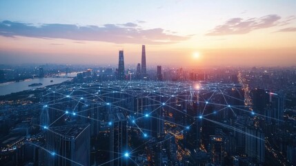 Fototapeta premium Aerial view of a modern city skyline at sunset, with interconnected