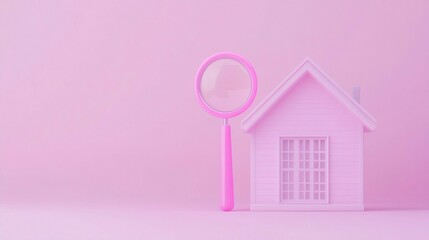 A pastel pink house model with a magnifying glass beside it, creating a whimsical and playful atmosphere.