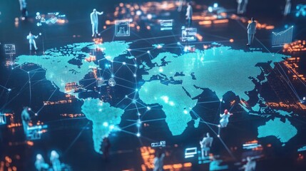 An interconnected world map on a digital screen,