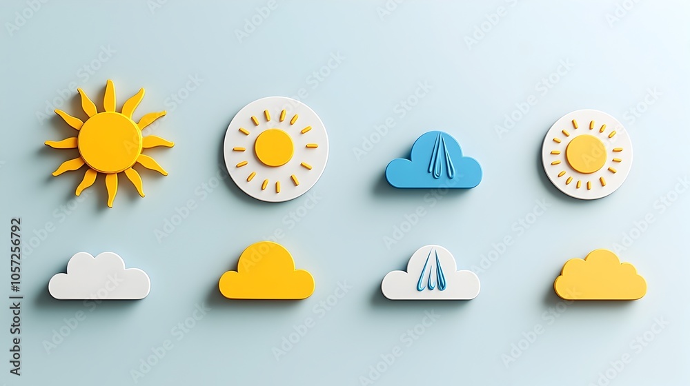 Aufkleber Minimalistic icons depicting sun clouds and rain in a clean two tone color scheme with contrasting elements and subtle shadows designed for use in weather related digital products UIUX