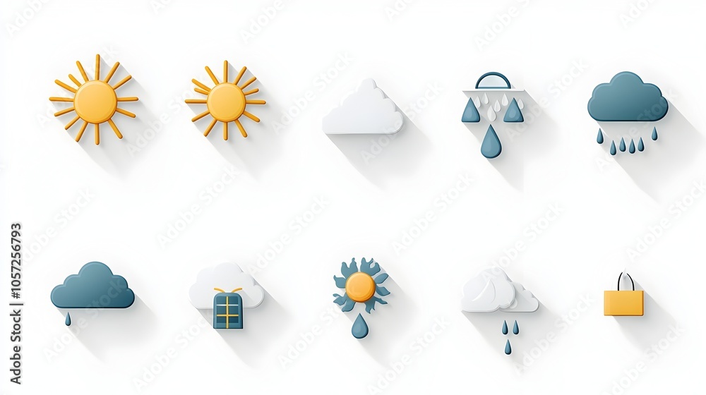 Poster set of minimalistic weather icons featuring sun clouds and rain in a striking two tone color scheme 