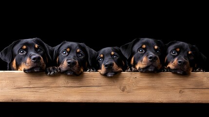Obraz premium Powerful Rottweilers with Gleaming Coats Pressing Noses to Camera - Captivating Close-Up of Strong Breeds Showcasing Deep Texture and Dynamic Lighting