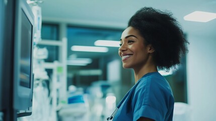 Woman in a blue scrubs is smiling at a computer monitor