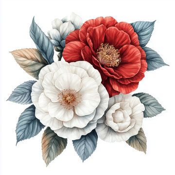 watercolor bouquet of white and red camellia flowers on white isolated background