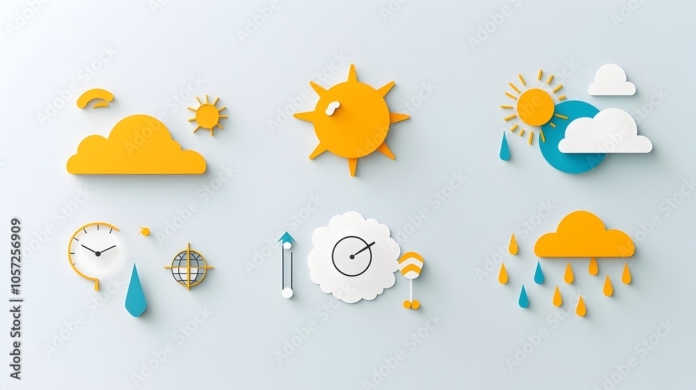 Aufkleber Set of simple two color weather icons crafted with a flat geometric design style  Includes symbols for thunderstorms sunshine and snow using clean minimal shapes and forms