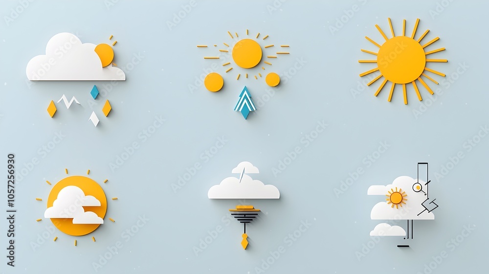 Fototapete minimal and stylized two tone geometric weather icons representing thunderstorms sunny skies and win