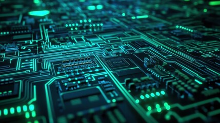 Blue and green electronic PCB design, 3D rendered circuits,