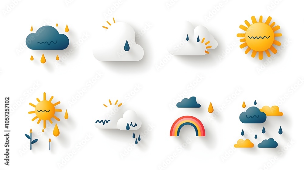 Poster Vibrant dual tone weather icons featuring a modern flat design aesthetic with sharp shapes representing a rainbow clouds and the sun