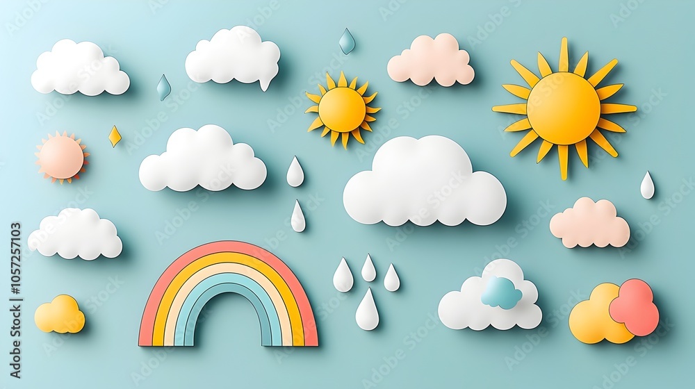 Poster Set of Dual color Weather Icons Designed with Sharp Shapes and a Modern Flat Aesthetic Showcasing Symbols for Rainbows Clouds and the Sun