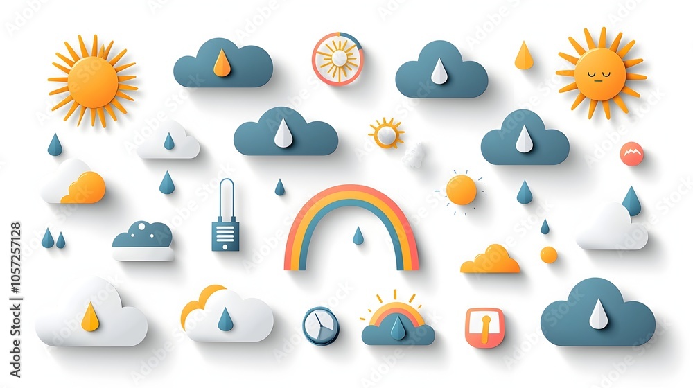 Aufkleber Set of dual colored weather icons featuring vibrant rainbows fluffy clouds and shining suns designed with sharp shapes and a modern flat aesthetic for use in digital interfaces apps