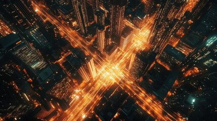 Fototapeta premium Dynamic aerial shot of a smart city, with digital communication