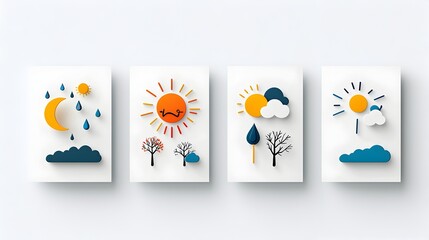 Set of minimalist two tone weather icons representing the four seasons   winter spring summer and autumn  Focused on clean lines geometric shapes and an abstract design aesthetic