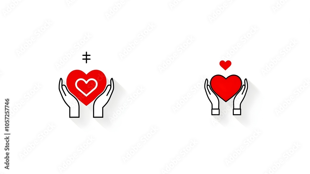 Poster dual tone minimalist icons depicting hands tenderly holding a heart symbolizing the concepts of char