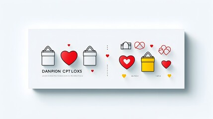 A set of modern minimalist charity icons featuring dual colored donation boxes and heart symbols designed with clean lines and a flat approach for a clear impactful visual concept