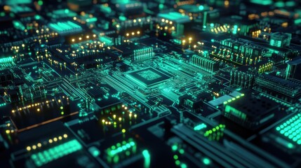 Fototapeta premium Modern electronic PCB illustration in 3D, blue and green circuit patterns