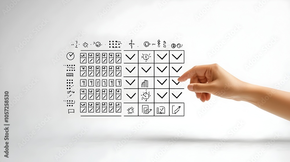 Aufkleber Minimalist and clean two tone icons with a hand cursor hovering over a multiple choice grid designed with sharp lines and a simple aesthetic for user interface and web design applications