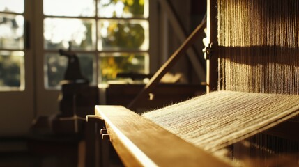 Sunlit Weaving Loom in Rustic Workshop: Exploring Traditional Textile Techniques and Artisan Craftsmanship in Natural Light