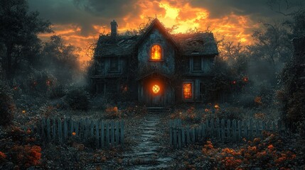Obraz premium A haunting, overgrown house illuminated by a fiery sunset.