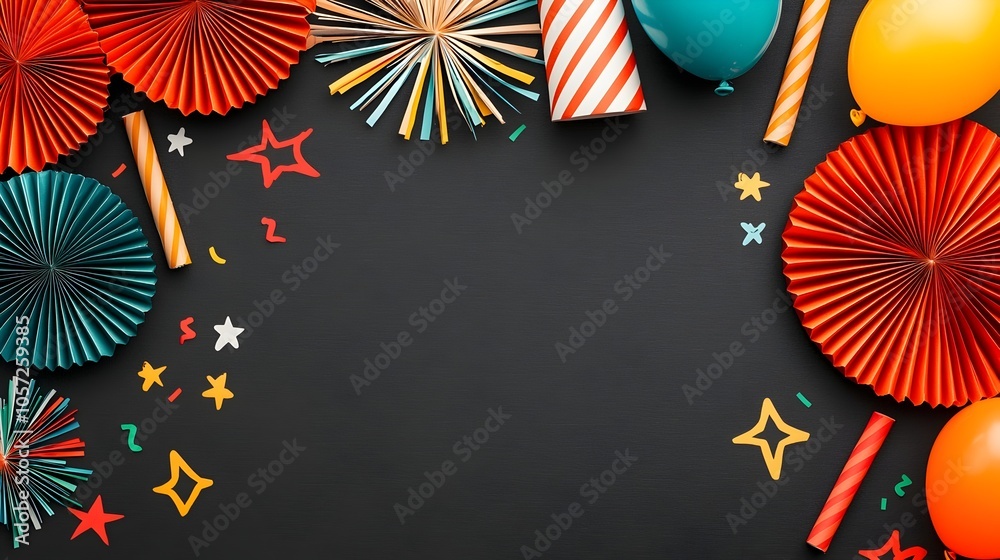 Leinwandbilder futuristic 2025 block font with minimal line art of colorful fireworks and party balloons for new ye