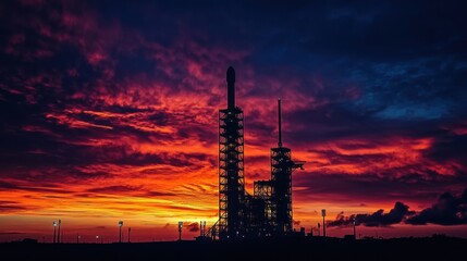 The silhouette of a space rocket on the launch pad, framed by a panoramic sunset sky, t