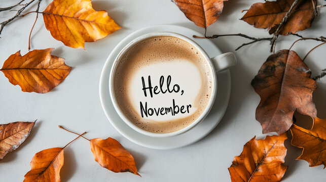 Coffee in a cup on a saucer and branches with orange leaves on a light background top view with the inscription Hello, November