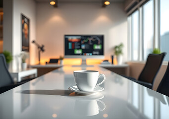 White coffee cup with laptop computer on office table for business concept, in clean office,