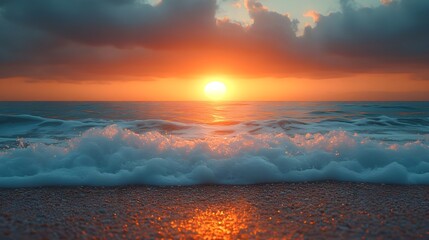 Picturesque sunset over the sea A dramatic view of a sunset with the sun setting over the ocean in warm orange tones as the waves gently crash onto the shore.