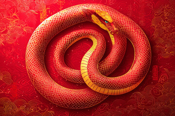 Fototapeta premium 2025 Chinese New Year, Year of the Snake. Red and gold snake on a red background