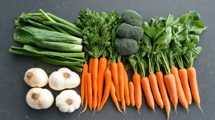 Assortment of fresh vegetables including garlic, green onions, carrots, broccoli, and leafy greens arranged on a dark surface.