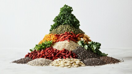 Vibrant pyramid of superfoods like chia seeds, goji berries, kale, and quinoa on white backdrop