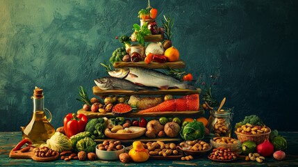 Colorful food pyramid with Mediterranean diet foods like olive oil, nuts, fish, and veggies