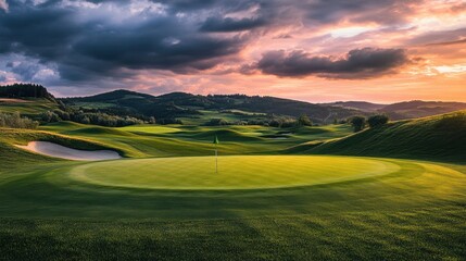 Obraz premium A beautifully maintained golf course with rolling hills, under a dramatic sky at dusk