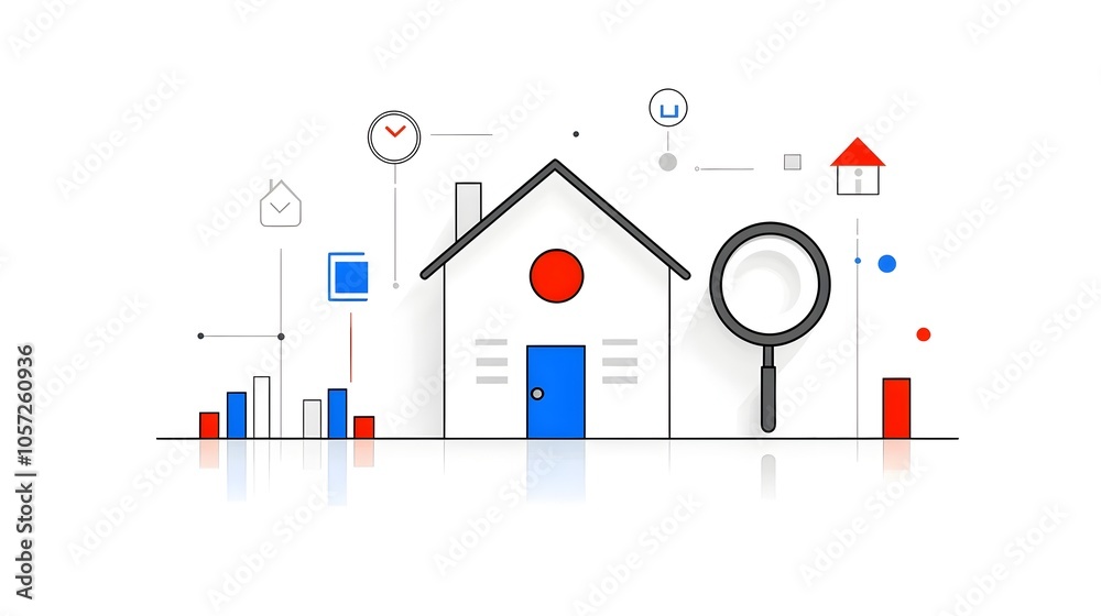 Poster Minimalist two color icon set featuring a house and magnifying glass symbols representing the concept of property investigation  Crafted with clean lines and a simple