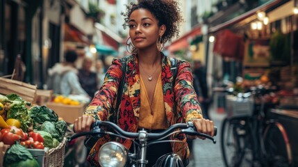 Fototapeta premium A chic multiethnic woman with a stylish big bike at a bustling Parisian market, vibrant street life