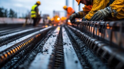 A close-up of construction workers assembling the steel reinforcement for a new elevated road.