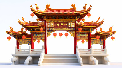 Chinese-style arch, red and gold color scheme, with a symmetrical composition, white background, a three-dimensional sense of space, wid 4k, Generative AI.