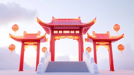 Fototapeta premium Chinese-style arch, red and gold color scheme, with a symmetrical composition, white background, a three-dimensional sense of space, wide-angle lens, bright lighting, lanterns hangi 4k, Generative AI.