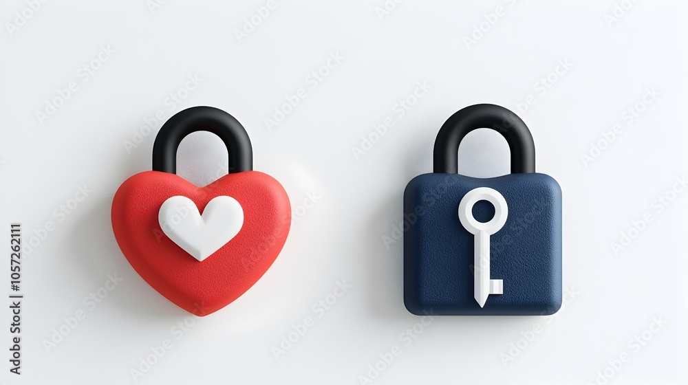 Aufkleber This image features two color icons of a heart shaped lock and key symbolizing the concepts of trust and love  The clean crisp lines and simple elegant shapes create a minimalist