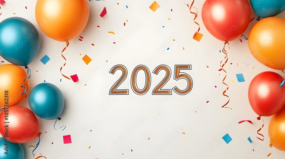 Aufkleber elegant and modern curvy 2025 design with subtle line art of balloons and streamers perfect for new 