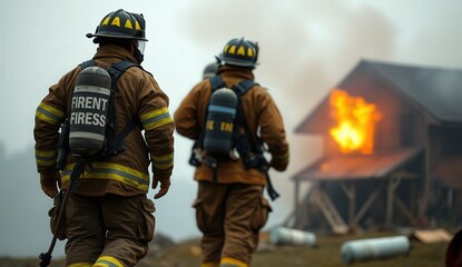 Fototapeta premium Firefighters Approaching Burning House in Smoke 
