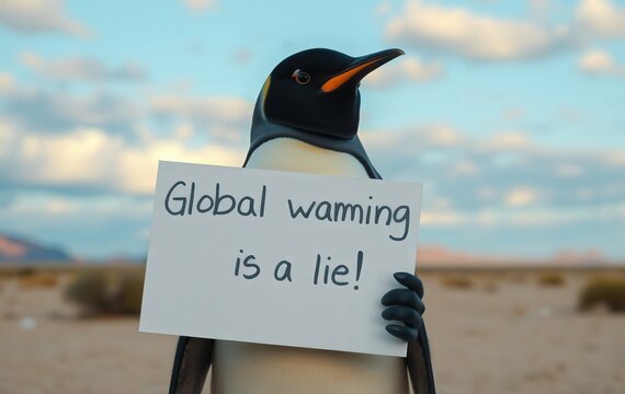 Penguin Holding Climate Change Sign in Desert

