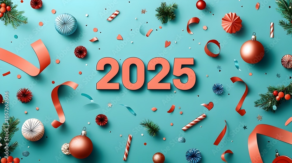 Poster sleek minimalist 2025 new year design with streamlined serif typography and festive line art element
