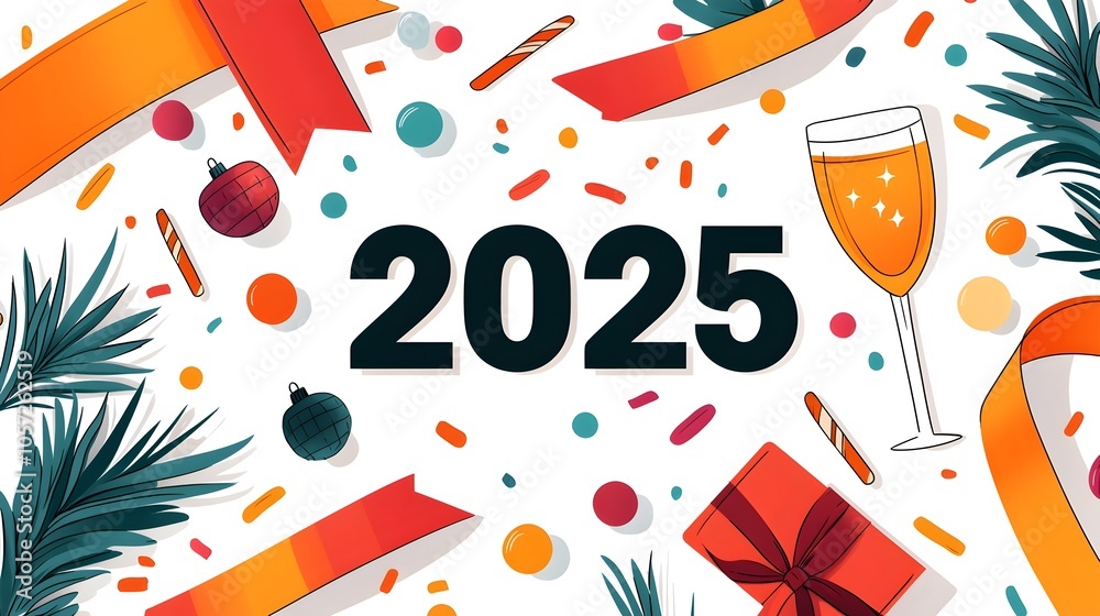 Poster minimalist new year 2025 with sleek serif text and festive line art decor stylish modern design temp